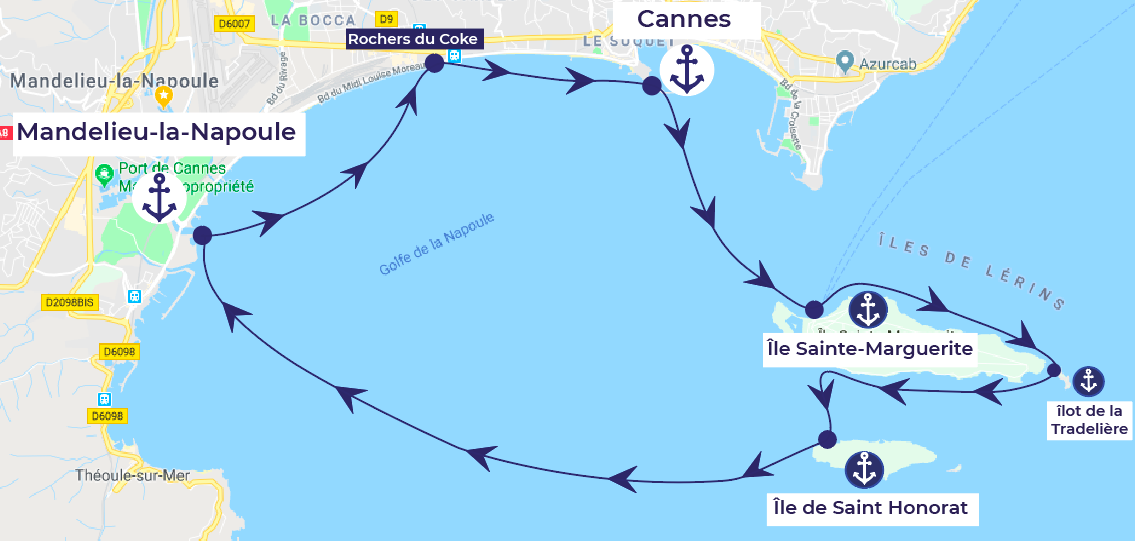 itinéraire bateau alpes maritimes cannes mandelieu-la-napoule îles du lerins