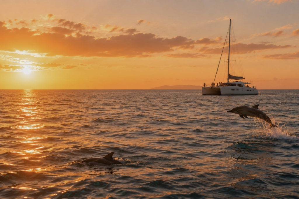 Dauphins nageant près d'un catamaran au coucher du soleil