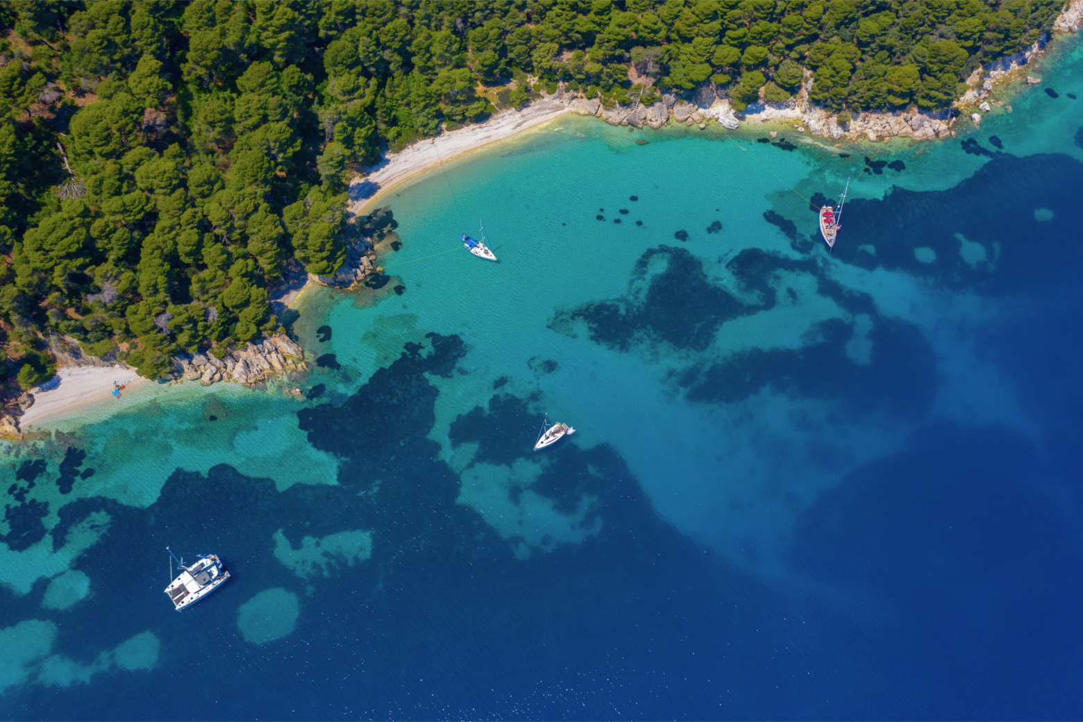 Bateaux au mouillage dans une crique méditerranéenne avec des herbiers visibles sous l'eau