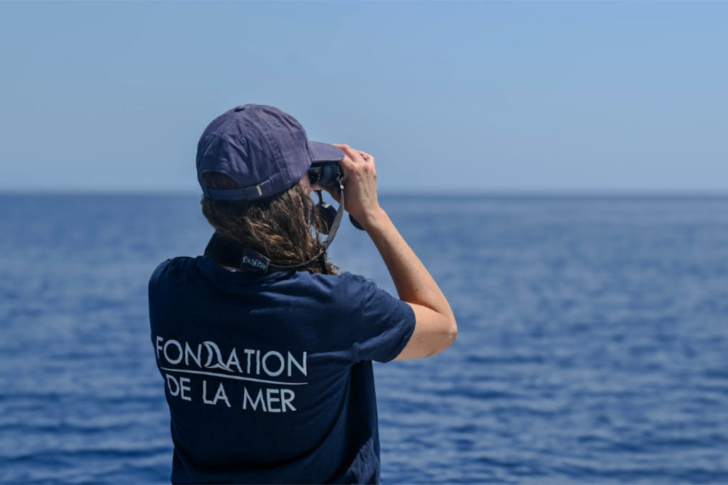 Membre de la Fondation de la Mer observant l'océan lors d'une mission de terrain