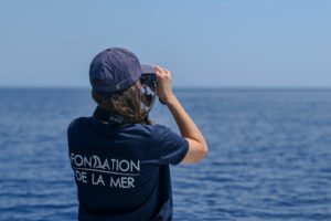 Membre de la Fondation de la Mer observant l'océan lors d'une mission de terrain